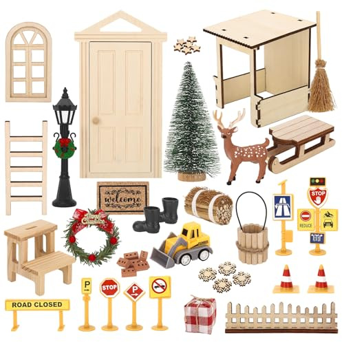 Yomisee Wichteltür Set 42 Stück, Wichtel Zubehör Weihnachten, Wichteltür Komplettset, mit Wichtel Baustelle Set DIY Dekoration für Weihnachten Weihnachtsdeko für Kinder