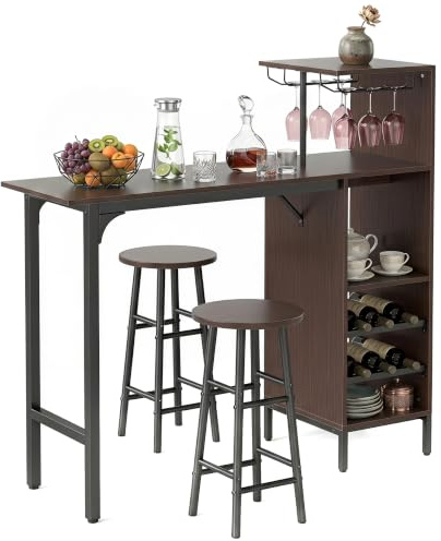 RELAX4LIFE Bartisch Set 3-Teilig, Esstisch mit 2 Barhockern, Thekentisch mit 3 Ablagen & 2-stufigem Weinregal & Glashalter, Bistrotisch Set mit Metallgestell, Essgruppe für 2 Personen (Braun)