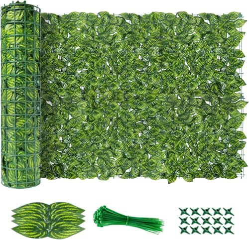 Schermatura artificiale da giardino, siepe artificiale, recinzione di edera artificiale, recinzione di edera in plastica, rotolo di siepe verde decorativo con foglie di edera artificiale, foglie di