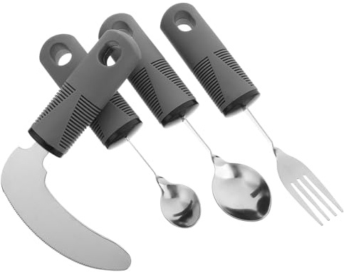 Utensilios Adaptables 4 Piezas de Acero Inoxidable y Pp para Mayores | Mango Curvo y Cabeza Profunda, Diseño Antideslizante, para Temblor de Manos y Uso Control del Brazo