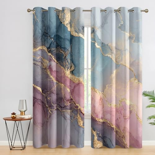 zcwl Marmor Vorhänge, Blau Rosa Gold Verdunklungsvorhänge mit Ösen, Vorhang Blickdicht für Wohnzimmer Schlafzimmer Dekoration, Gardinen mit Muster, 2er Set, H 175 x B 140 cm, D#313