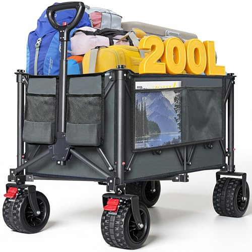 COMLAX FIELD Festival Trolley on Wheels, 200L 200KG Camping Trolley, Grey | Adjustable Folding Beach Cart, Foldable Collapsible Wagon, with Wide Wheel Cup Holder, for Outdoor/Shopping/Garden/Picnic