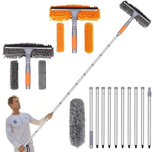 4.5M Extendable Window Cleaning Kit, 2-in-1 Long Reach Window Cleaning Equipment with Silicon Squeegee, 4 Microfiber Pad(2Orange, 2Gray) and Duster, Professional Washing Kit for High Windows, Roof