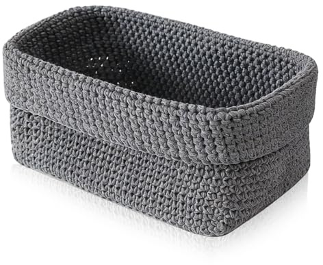 Cesta de Almacenamiento Gris, Cesta Tejida a Mano en Cuerda de Algodón, 21cm*13cm*15.5cm, Pequeña Cesta Trenzada, Caja Organizadora para Cocina, Baño, Estanterías, Pan, Cosméticos