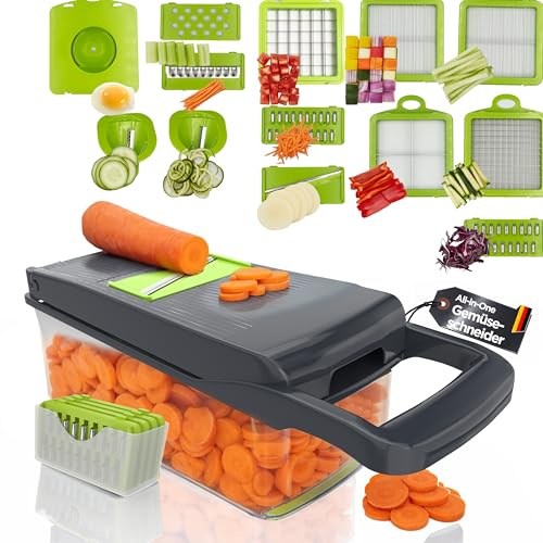 Gemüseschneider Multifunktion 13-in-1 mit Auffangbehälter, Mandoline Hobel, Zwiebelschneider, Würfelschneider, Julienneschneider, Spiralschneider, Eitrenner, BPA-frei, Edelstahlklingen