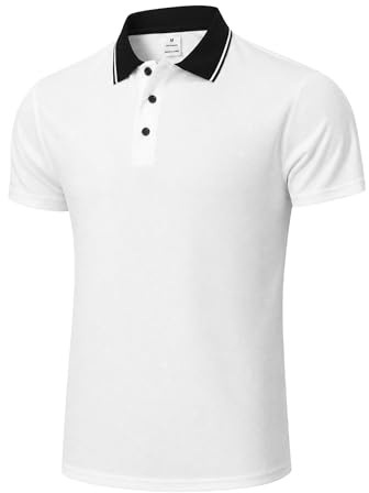 ZHAOCAI Polo Shirts for Men Adult UK, Men’s Polos Short Sleeve Lightweight Quick-Dry Breathable Moisture Wicking Work Casual Workout Gym Sport Golf Polo T Shirt Mens Summer Tops White