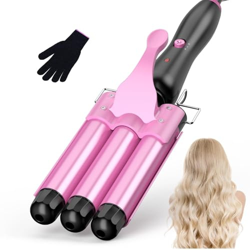 BESTOPE RAY 25 mm Welleneisen Haare, 3 Fässer Beach Wave Lockenstab, Keramik Lockeneisen mit 2 Temperaturen 150-210°C, Schnellheizend Mermaid Wellen Lockenwerkzeug mit Hitzeschutzhandschuh