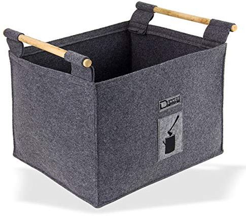 Filz Holzkorb Tasche Korb Filztasche Filzkorb Kaminholzkorb Brennholzkorb grau mit Holzgriffen 45x41x34 cm