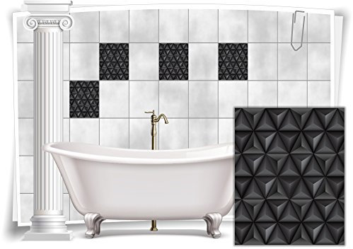 Medianlux Fliesen-Aufkleber Bild Mosaik Kachel Grau Schwarz Retro Dreiecke Bad WC Deko Folie Badezimmer, 4 Stück, 20x25cm
