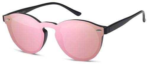 styleBREAKER Monoglas solglasögon med platta glas och plasthängare, rund glasform, unisex 09020081, Ram svart/glas rosa speglad, Einheitsgröße