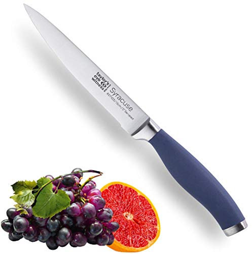 Taylors Eye Witness Syracuse Serrated Utility Kitchen Knife - Professional 13cm/5” Cutting Edge, Multi Use. Ultra Fine Toothed, Razor Sharp Blade. Soft Textured Grip Denim Blue Handle.