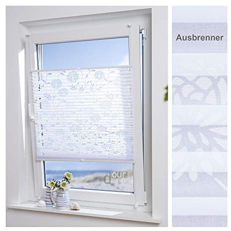 ourdeco® Plissee Ausbrenner mit Blumenmotiv; 95 x 130 cm weiß, Blumenmotiv durchsichtig, lichtdurchlässig/Klemmen=Montage ohne Bohren=Smartfix=Klemmfix-Plissee=Easy-to-fix