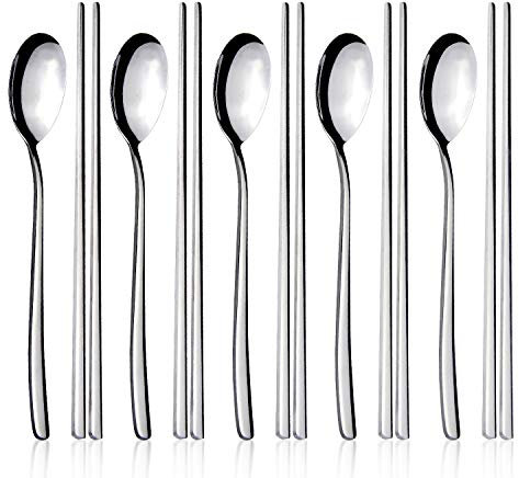 IQCWOOD Juego de cuchara y palillos, juego de 5 pares de palillos de metal de acero inoxidable, juego de 5 palillos y cucharas coreanos, juego de cucharas planas reutilizables de mango largo para el