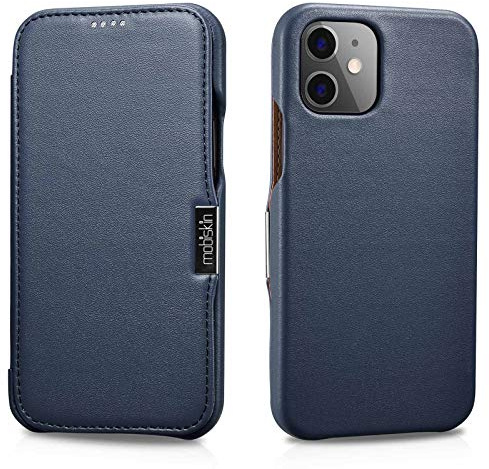 Mobiskin Hülle für iPhone 12 MINI (5,4), Case mit Leder, Blau | Handyhülle mit echtem Leder, Schutzhülle, dünne Handy-Tasche, slim Cover, Klapphülle, Etui seitlich aufklappbar
