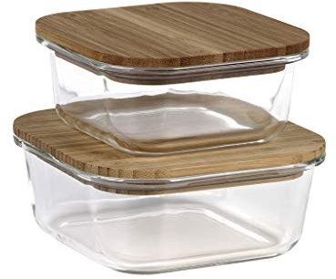 Cofan Set de 2 Boîtes à Lunch Carrées en Borosilicate | Modèle Bambú | Couvercle en Bambou | Contenance 520-800 ml