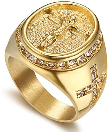 Flongo Herren-Ring Männer Rosenkranz-Ring Daumenring Bandring Siegelring Gold Silber Jungfrau Maria Heilige Mutter Gottes Kreuz Kruzifix Jesus Herren-Accessoires
