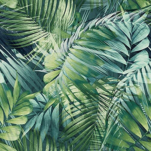Antigua Palm Green Blue Wallpaper Tropical Jungle Leaf Navy Textured