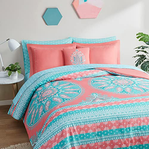 Degrees of Comfort Full Size Coral Comforter Sets for Girls, Boho Mandala Bed in A Bag with Sheet, Microfiber Bed Set with Side Pockets, Matching Decorative Pillow, 8 Piece