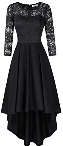 KOJOOIN Abiti da donna Abiti da sera Abiti da damigella d'onore per matrimonio Abito da cocktail Irregolare lungo in pizzo (imballaggio multipla), Nero, maniche a 3/4, S