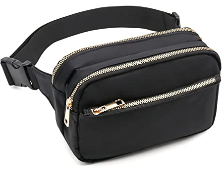 Long Keeper Sac Banane Chic - Sacoche Banane Noir Sac Banane Femme Homme Sac Ceinture Chic Réglable avec 3 Poches pour Randonnée Voyages en Plein Air