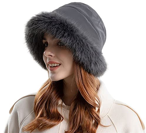 Lifup Damen Hut Winter Weiche Kunstpelz Flauschige Fischerhut Fuzzy Eimer Hut Breite Krempe Fellmütze Grau One Size