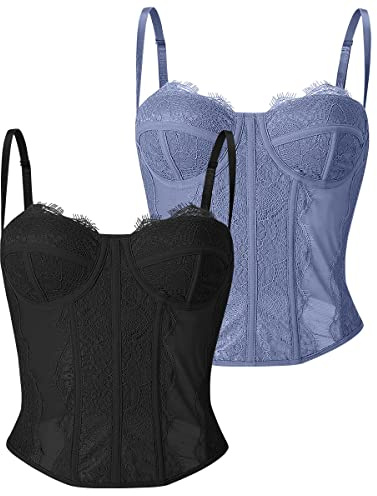 Dealmore Corsé para mujer en encaje y malla con tirantes de espagueti, top para citas, fiesta, club, noche, M