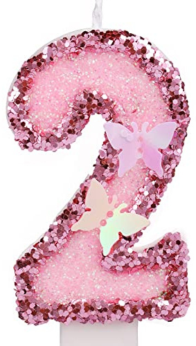 7,5cm Geburtstag Nummer Kerzen, Glitzernde Zahlenkerze Rosa Zahlenkerzen Kuchenaufsatz Schmetterlings-Geburtstagskerzen mit Pailletten für Jubiläumsfeiern (Nummer 2)