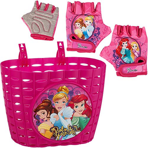 3 tlg. Set: Fahrradkorb/Korb + Fahrradhandschuhe - Princess - Prinzessin - mit Befestigung für Lenker vorne - Fahrrad Kinder - Mädchen - Bastkorb - universa..