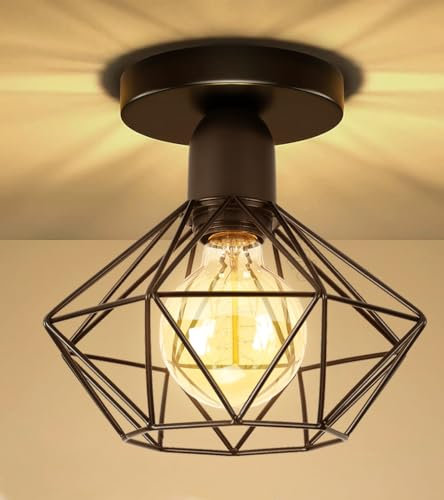 Lámpara de Techo Vintage E27 Lámpara Colgante Retro Diseño de Jaula Metal Ø20cm Iluminación de Techo de Interior Negro para Pasillo Porche Cocina Dormitorio (Sin madera-techo-1 pieza)