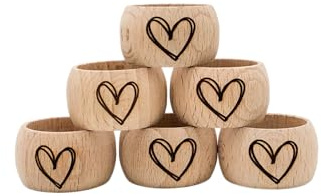 6 Stück Serviettenring aus Holz Herz - Serviettenhalter aus Buchenholz (Außendruchmesser 3,5cm)