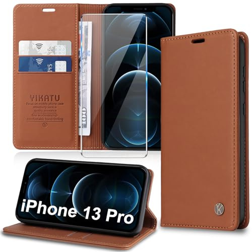 Migexxkj Handyhülle für iPhone 13 Pro Hülle [mit Schutzfolie][Premium PU Leder] Klapphülle Kartenfach Magnetic Ständer Flip Case Cover Etui Tasche Schutzhülle für iPhone 13 Pro 6.1“ (Brown)