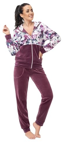 LEVERIE Trendig wellnessdräkt för damer/hemmadräkt/träningsoverall (tillverkad i EU) med snygg sweatjacka och bekväma byxor, Plommon med blommönster, XL