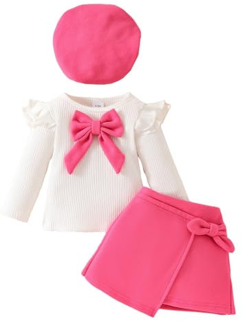 Toddler Girl Big Bow Beret Long Sleeve Top With Velvet Skirt Fall And Winter Three Piece Dress Newborn Baby Outfits for Girls Winter (Hot Pink, 6-9 Months)