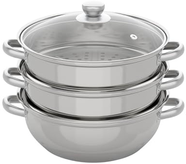 WooDerson Ångkokare 3 våningar, ångkokare i rostfritt stål med transparent gryta lock och ihåliga handtag, ångkokare för gas, el, induktion och halogenspisar