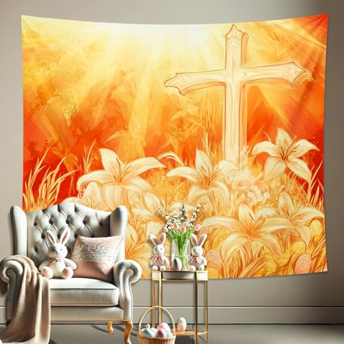 Tapisserie murale religieuse à motif croix et lys orange jaune - Décoration murale religieuse - Esthétique pour Pâques, salon, chambre à coucher - 152,4 x 101,6 cm