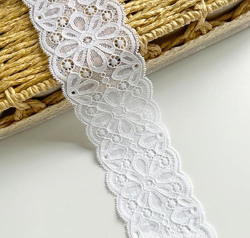 WANYI 1 Yard Elastizität Spitzenband 6CM Breit Spitzenbordüre Spitze Borten und Bänder zum Nähen Vintage Stoff Bordüre Dekoband Zierband für Unterwäsche Vorhänge Geschenkband(Weiß)