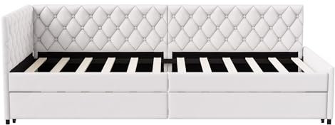 DAHUEN Schlafsofa für 2 Personen, ausklappbar, 90 x 200 cm, Ausziehbett 90 x 200 cm, mit Lattenrost, Bettgestell, Bankettbett mit ausziehbarer Ottomane, für Erwachsene, Samt (beige)