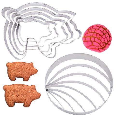 TULEBOLIAN Schwein Ausstechformen Set mit Concha-Brotstempel - 6-teilige Edelstahl-Backformen (5 Schweinegrößen + Traditionelle Mexikanische Muschelform) Spülmaschinenfest für Plätzchen & Pan Dulce