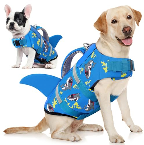 AOFITEE Schwimmweste Hund XL, Verstellbar Hai Hundeschwimmweste Große Hunde, Hoher Auftrieb Rettungsweste für Hunde mit Rettungsgriff, Ripstop Hunde Schwimmweste Labrador Dog Life Jacket, Blau, XL