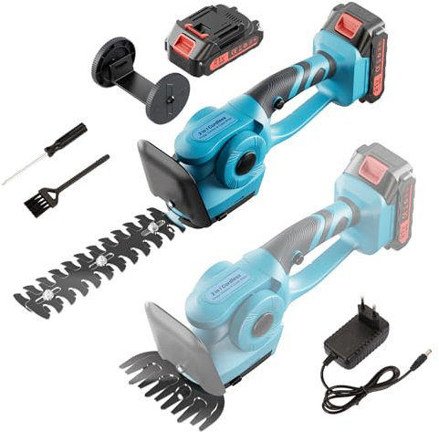 21V Brushless Akku Heckenschere mit Akku und Ladegerät, Elektrische Heckenschere Gardena, Batterien Grassschere mit Strauch und Grasscherenmesser, Garten Rasenschere, 2000mAh Batterien, 2 Klingen