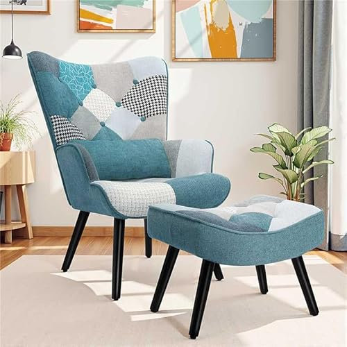 Relaxsessel mit Hocker Patchwork Sessel Holz Sessel Wohnzimmer moderner Ohrensessel mit Massivholzfüße Fernsehsessel Leinen Loungesessel Stuhl (Blau)