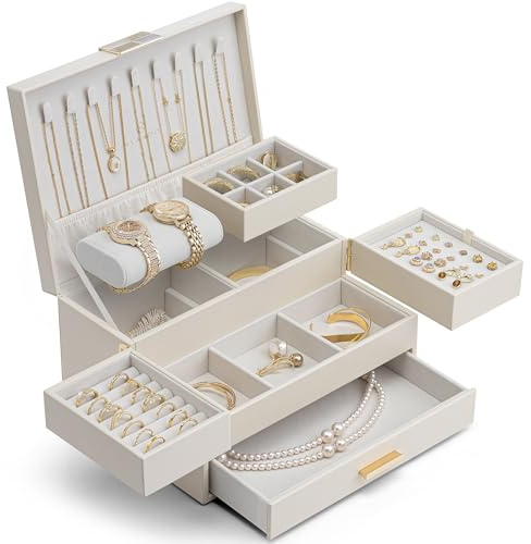 Vlando Jewellery Box, 3 Tier Jewellery Organiser with Drawer, Box & Organiser with Retractable Tray for Necklaces, Rings, Bracelets, Earrings,Cream White
