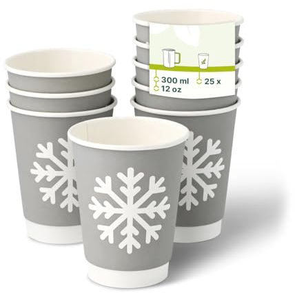 GREENBOX - Pappbecher doppelwandig Winter Schneeflocke, 300 ml / 12 oz, Ø 90 mm, grau, 25 St.