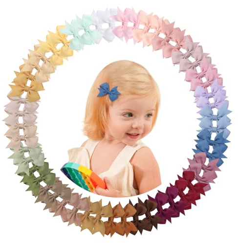doboi 50PCS 2'' Baby Hair Bows Clips Fully Lined Tiny Grosgrain Boutique Solid Ribbon Mini Bows Alligator Clips for Girls Teens Infants Kids Toddlers Newborn