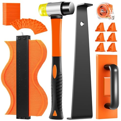 MUSLONG Vinylboden Verlegeset 65 Stück Laminatboden Set Vinylboden Verlegeset Laminat Holzfußboden Installations Set mit 60x Montagekeile, 1x Schlagklotz, 1x Zugstange, 1x Doppelseitiger Hammer