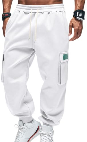 OLIPHEE Pantaloni Cargo Uomo con Tasche e Coulisse Elastico in Vita Casual Pantaloni Pile Uomo Invernali Sportiva Jogging Fitness Tuta Ginnastica Outdoor Sweatpants Men Autunno Bianco S