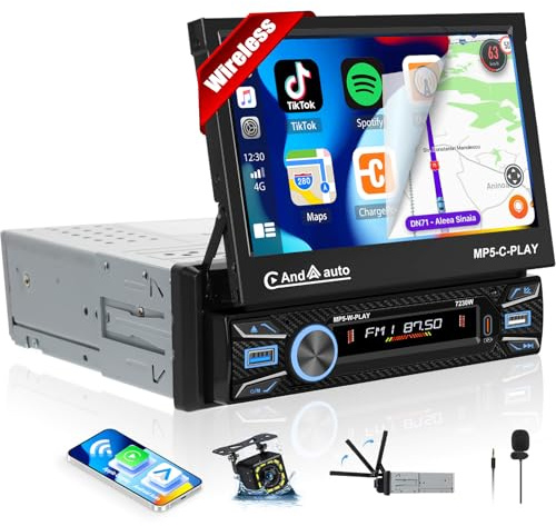 SIXTOP Autoradio Bluetooth 1 DIN Wireless Carplay Android Auto, Schermo Touch Elettricamente Ritraibile 7 pollici Bluetooth EQ FM Radio Type-C/USB/AUX/TF/MIC SWC Telecamera di Retromarcia