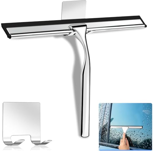 Shower Squeegee, 10 Inch Stainless Steel Window Squeegee Cleaner for Shower Glass Door with Hook, Shower Wiper Screen for Bathroom, Window,Mirror and Car Glass