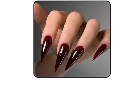 FrostyFlair Press on Nails, 24 Stück Langer Stiletto Soft Gel Press on Nails, Dunkelrotes Design Kunstnägel, Glänzende Wiederverwendbare Nägel zum Aufkleben