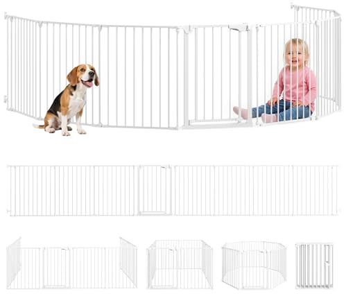 PawHut Recinto per Cani, Cancelletto Sicurezza 488cm per Bambini e Cani Media/Piccola, 8 Pannelli Modulabili, Barriera Pieghevole, Doppia Chiusura di Sicurezza, Apertura Una Mano, per Camino, Bianco